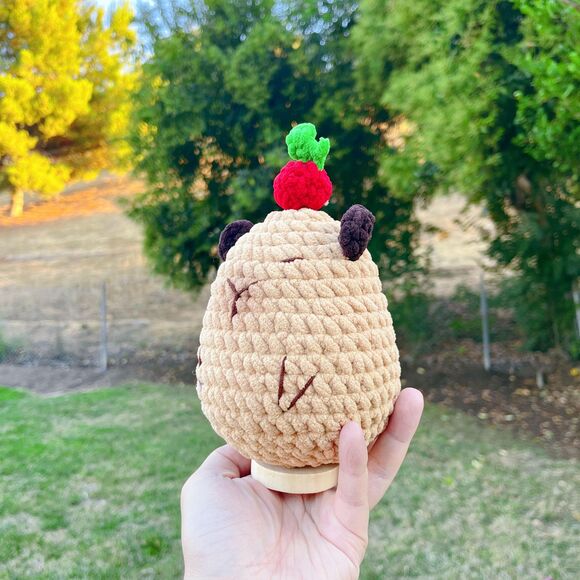Capybara Crochet Plush | Chenille Amigurumi Capybara with Cherry Hat | Desk Gift - Picture 2 of 5